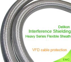 Delikon Interference Shielding Heavy Series Over Braided Flexible Conduit protects VFD cable and transformer cable. EMI Shielding Heavy Series Over Braided Flexible Conduit and EMI Shield Termination Connector