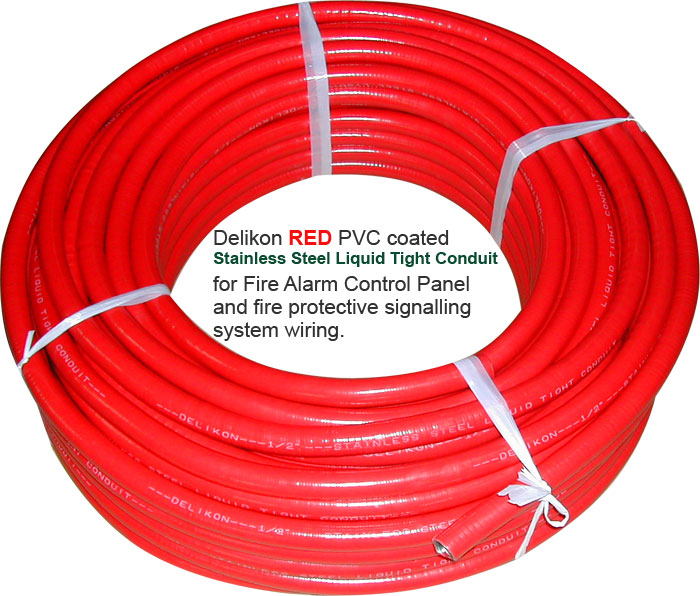 Delikon RED PVC coated Stainless Steel Liquid Tight Conduit for Fire Alarm Control Panel and fire protective signalling system wirings