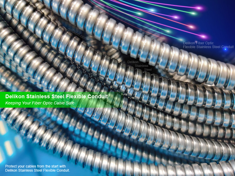 Delikon Stainless Steel Flexible Conduit Keeping Your Fiber Optic Cable Safe. Delikon Stainless Steel Flexible Conduit is optimized to protect your fiber cable, avoiding any and all unnecessary network downtime as a result of outside interferences. The consequences of light attenuation, which could occur throughout your fiber installation, are costly and time consuming matters. Protect your cables from the start with Delikon Stainless Steel Flexible Conduit. Delikon Stainless Steel Flexible Conduit provides an added layer of protection to your network. The corrugated flexible stainless steel armor is quintessential in industry or commercial applications where exceptional durability, corrosion resistant and rodent protection are crucial components.