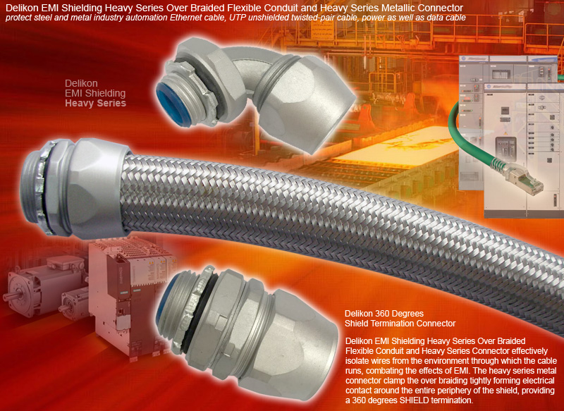 Delikon EMI Shielding Heavy Series Over Braided Flexible Conduit and Heavy Series Conduit Connector protect steel and metal industry automation Ethernet cable, UTP unshielded twisted-pair cable, power and data cable 