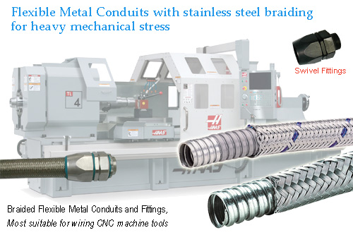 Flexible metal conduit with stainless steel braiding for heavy mechanical stress 