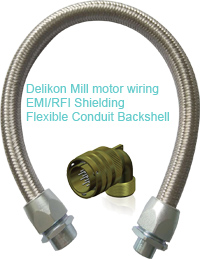Delikon EMI Shielding Heavy Series Over Braided Flexible Conduit and Heavy Series Connector, Backshell protect Mill motors for slabbing, and blooming mill, Cold Rolling mill VFD motor cable, and the shielding provides excellent protection against signal interference caused by voltage fluctuations and current spikes.