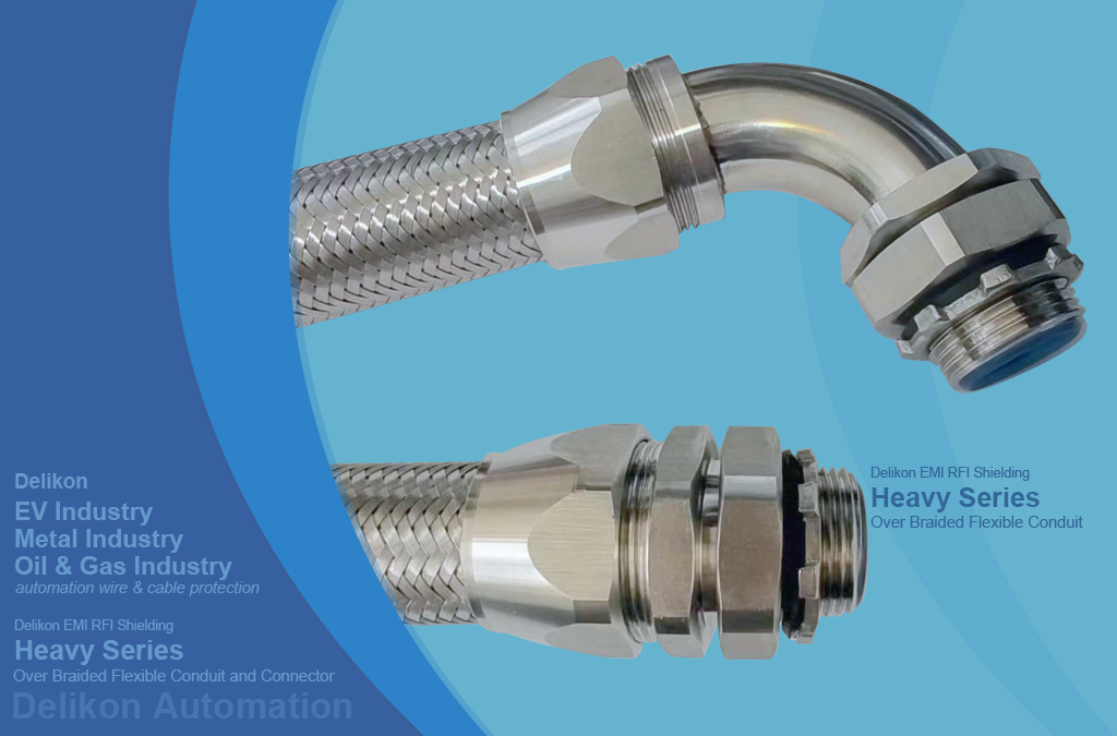 Delikon EMI RFI Shielding Heavy Series Over Braided Flexible Conduit and EMI RFI Shielding Termination Heavy Series Connector protect automation and industrial control system wire and cable. Delikon EMI RFI Shielding Heavy Series Over Braided Flexible Conduit and EMI RFI Shielding Termination Heavy Series Connector protect signals in the cable conductors from external sources of EMI, and also reduce the level of interference radiated by the cable, which could affect other conductors, equipment, and wiring surrounding the cable.