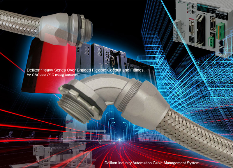 Delikon Heavy Series Over Braided Flexible Conduit and Conduit Connector for CNC and PLC wiring harness, Industry automation cable management system. Most industrial equipment, for indoor or outdoor use, contains extensive electrical wiring between its components and subsystems. Delikon Heavy Series Over Braided Flexible Conduit and Fittings are designed to protect PLC, CNC Controls cables, Servo and Spindle Motors cables, MPG Cables, Drive Command Cables and cables in industry automation. Delikon Heavy Series Connectors simplify design, assembly and maintenance for CNC machining center and other modular machinery. 