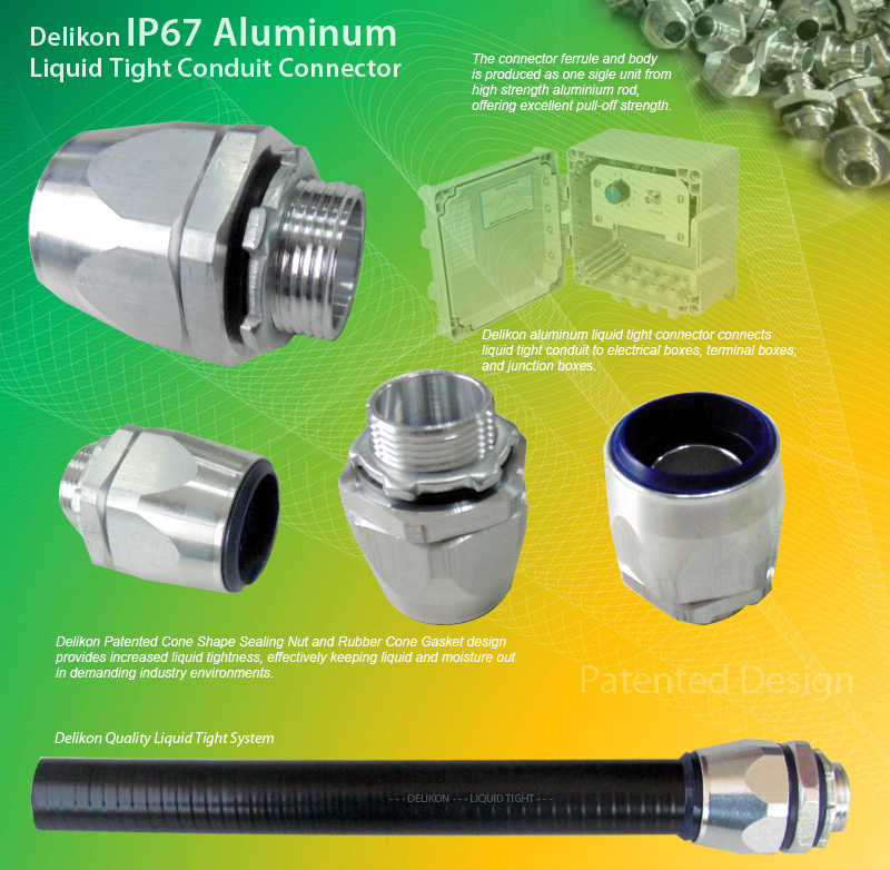 Delikon liquid tight aluminum fittings for use with Metal Liquid Tight Conduit or Non Metallic Liquid Tight Conduit (LFMC & LFNC). Male or Female Threads : G, PF, PG, METRIC, NPT, PT