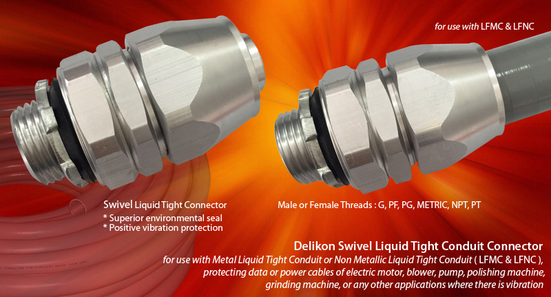 Delikon Aluminium Swivel Liquid Tight Connector for use with Metal Liquid Tight Conduit or Non Metallic Liquid Tight Conduit (LFMC & LFNC), protecting data or power cables of electric motor,blower, pump,polishing machine, grinding machine, or any other applications where there is vibration. Whether the application is power, control, or signal, data, Delikon Swivel Liquid Tight Connector offer superior environmental seal and postive vibration protection for use with motor drives and moving assemblies, providing secure and reliable connections for a variety of Industrial OEM Equipment and Factory Floor Automation Systems. Delikon flexible conduit fittings excel in applications where flexibility, reliability, and durability are key.