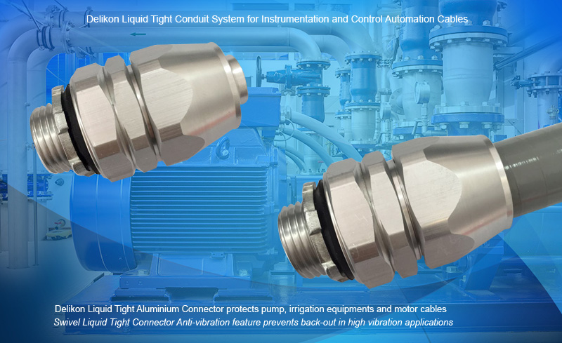 Delikon Liquid Tight Aluminium Connector provides high mechanical strength and high corrosion resistance and therefore improving strength to weight ratio. Delikon Liquid Tight Conduit and Liquid Tight Conduit Aluminium Fittings are designed for pump, irrigation equipments and motor cable protection, protecting process Instrumentation, Control Automation cables and PLC cables